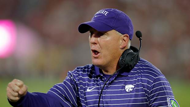 Kansas State head coach Chris Klieman celebrates after a Kansas State touchdown during a college football game between the University of Oklahoma Sooners (OU) and the Kansas State Wildcats at Gaylord Family - Oklahoma Memorial Stadium in Norman, Okla., Saturday, Sept. 24, 2022. Kansas State won 41-34.